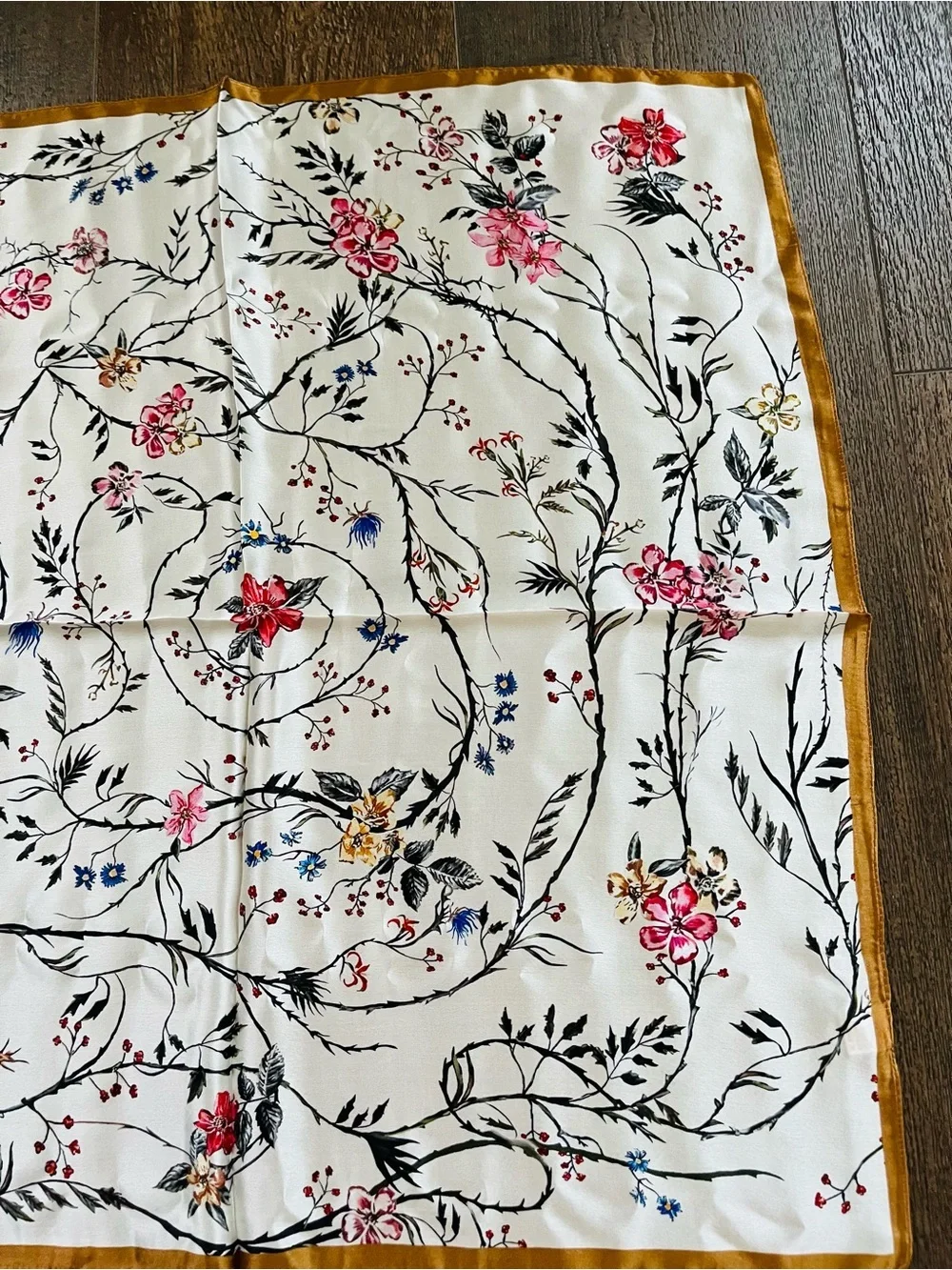 100 %Floral Silk Satin Scarf - Cream with Pink Flowers 26/26 inches